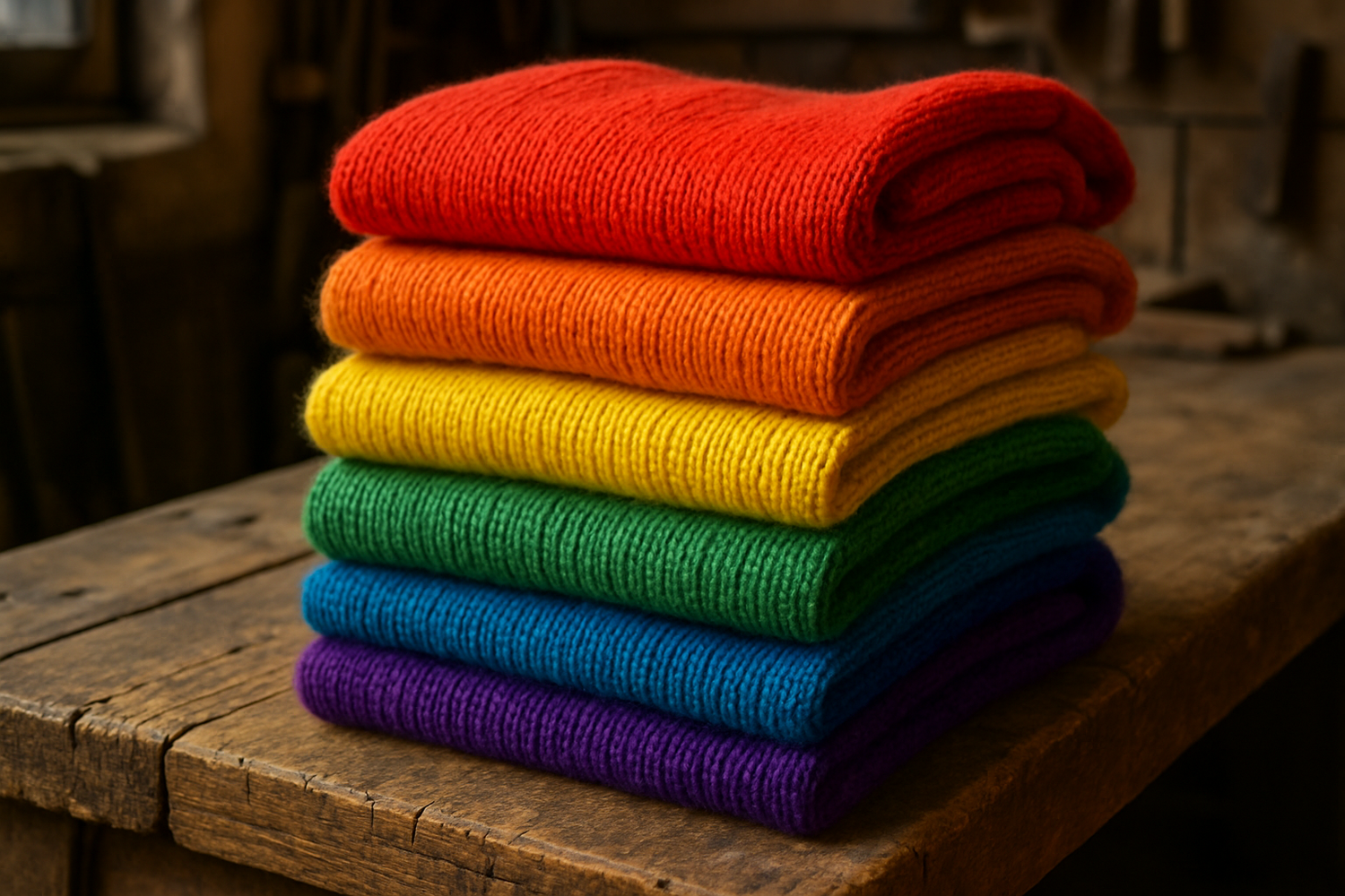 maglioni in lana di colori accesi diversi piegati su un tavolo da falegname invecchiato